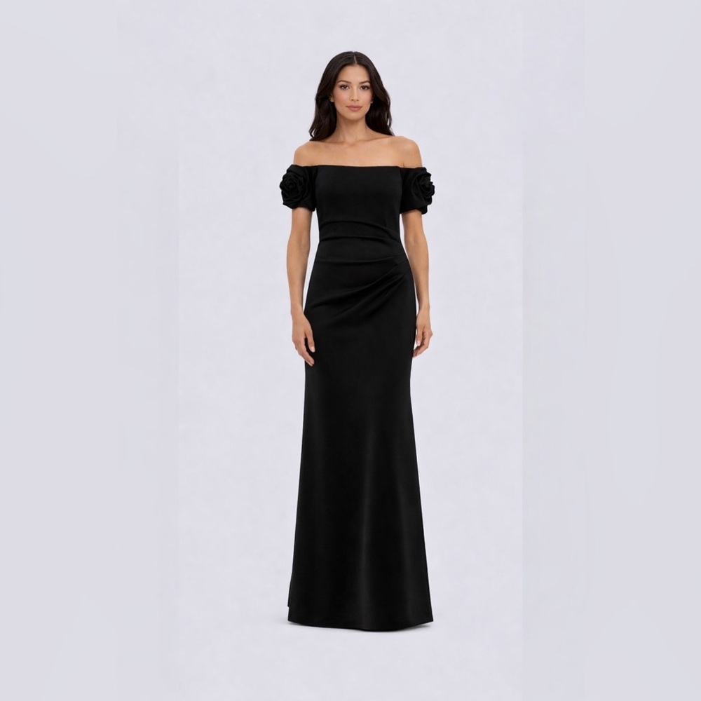 Xscape Black Off Shoulder Gown SZ 4 NWT Rosette Sleeve Formal Maxi Dress GALA